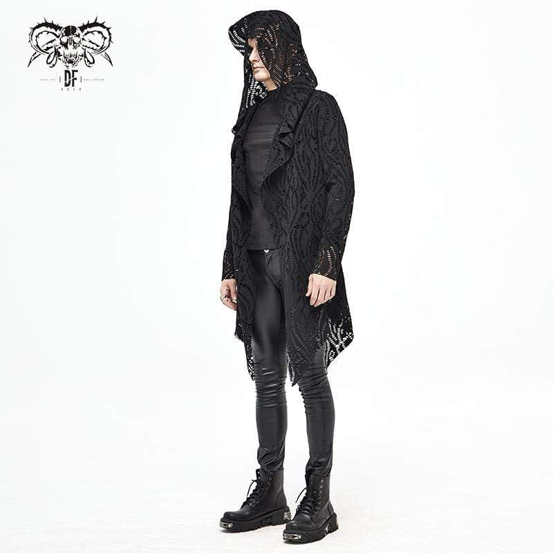 Men's Gothic Lace-up Black Crochet Coat with Hood