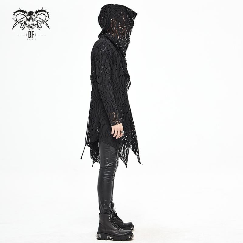 Men's Gothic Lace-up Black Crochet Coat with Hood