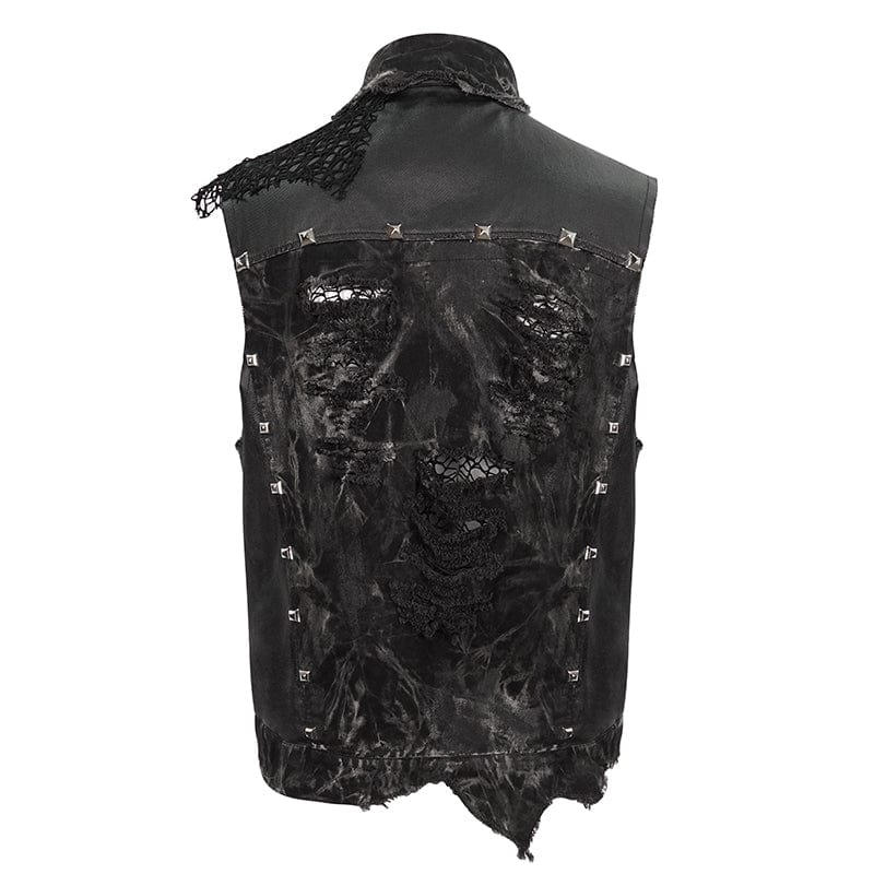 DEVIL FASHION Men's Gothic Mesh Splice Rivet Distressed Wasitcoat