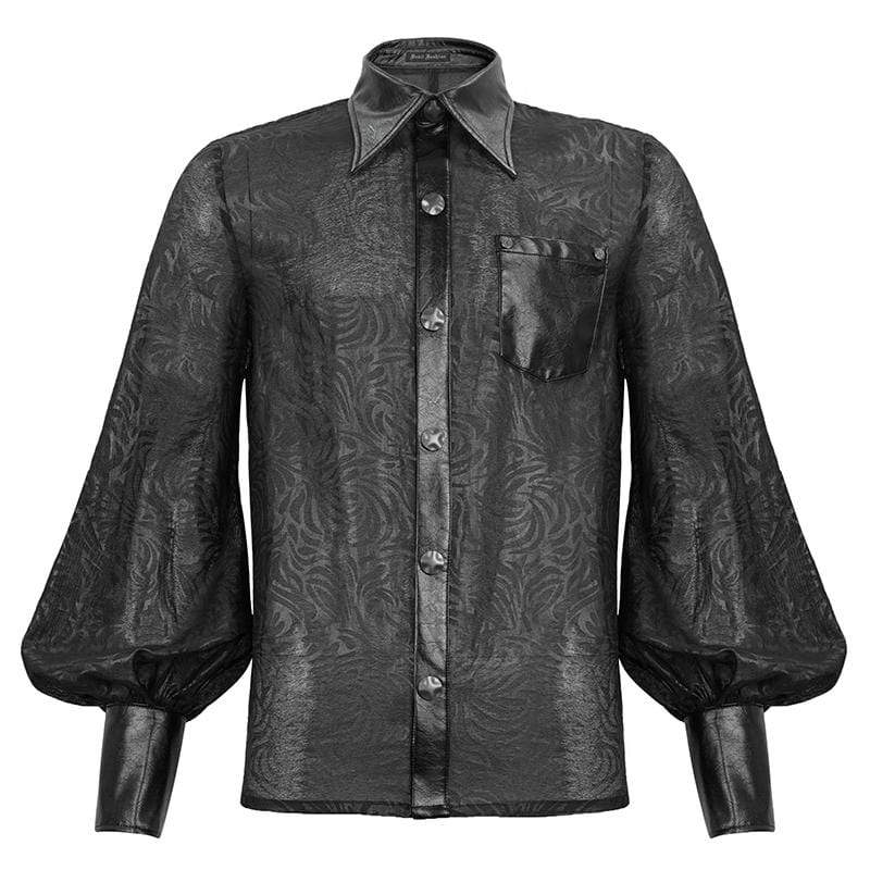 DEVIL FASHION Men's Gothic Puff Sleeved Faux Leather Splice Shirt