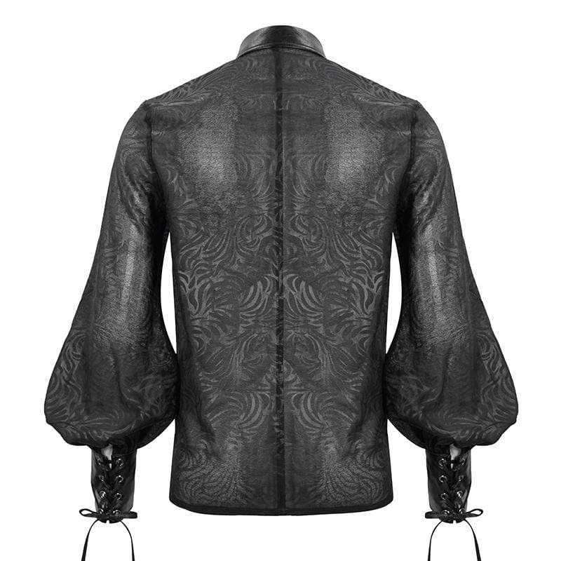 DEVIL FASHION Men's Gothic Puff Sleeved Faux Leather Splice Shirt