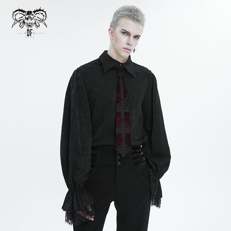 DEVIL FASHION Men's Gothic Puff Sleeved Lace Hem Shirt Black