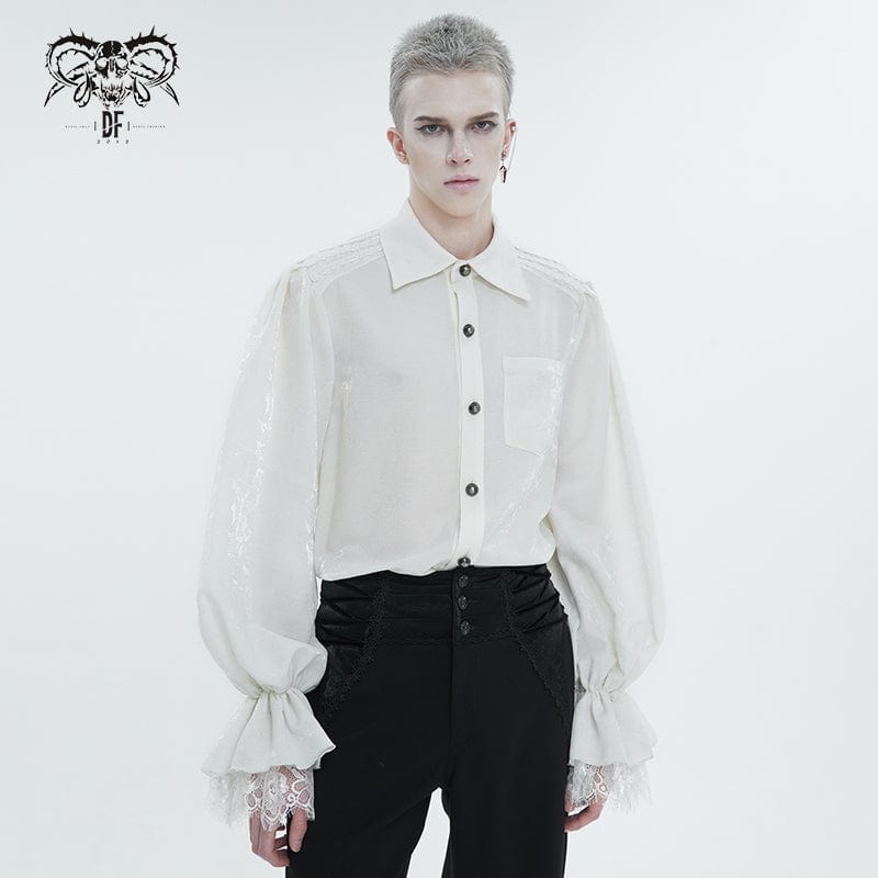 DEVIL FASHION Men's Gothic Puff Sleeved Lace Hem Shirt White
