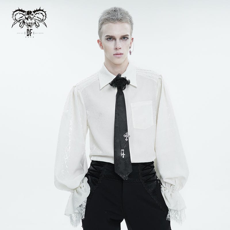 DEVIL FASHION Men's Gothic Puff Sleeved Lace Hem Shirt White