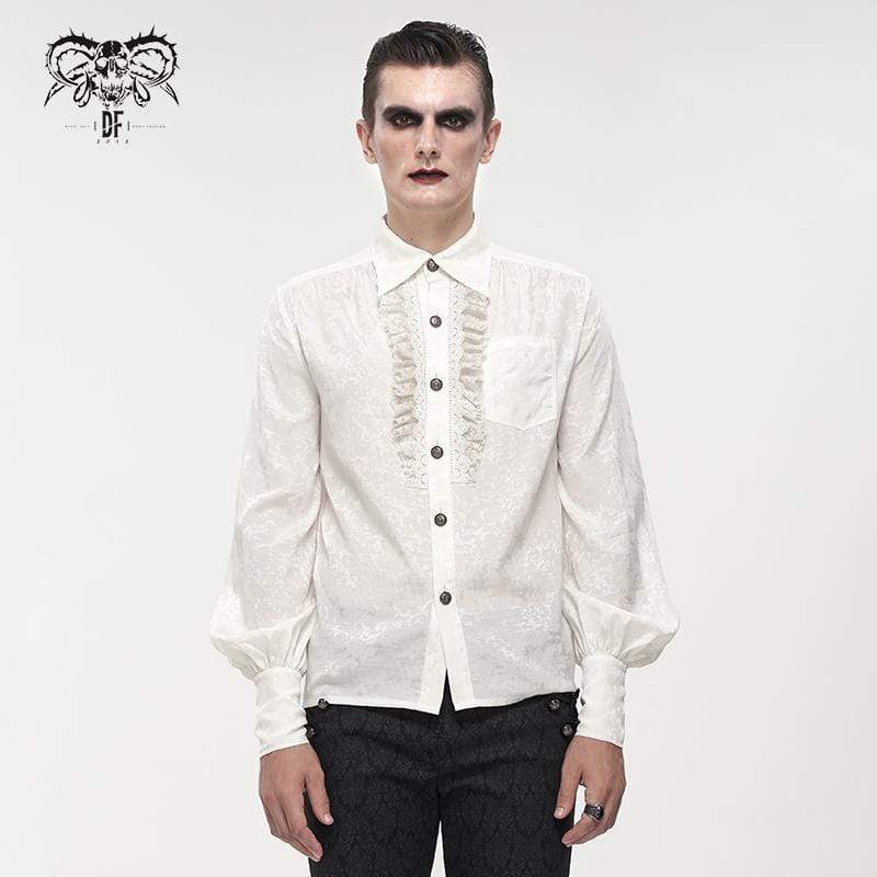 DEVIL FASHION Men's Gothic Puff Sleeved Lace Splice Shirt White
