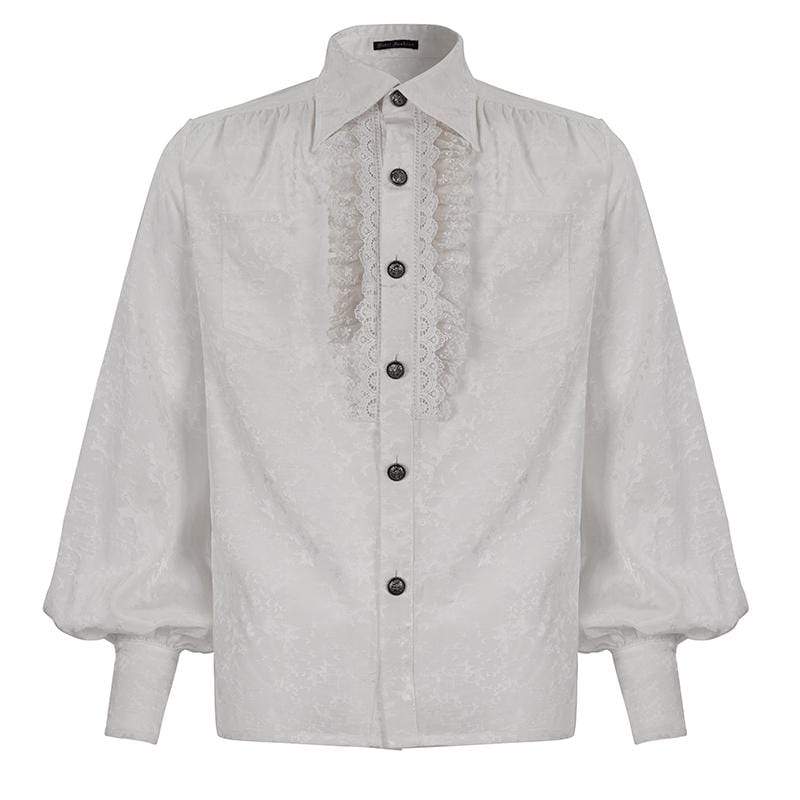 DEVIL FASHION Men's Gothic Puff Sleeved Lace Splice Shirt White