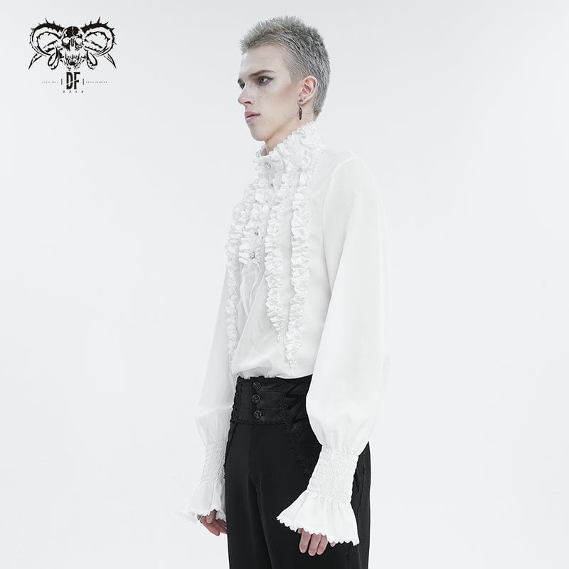 DEVIL FASHION Men's Gothic Puff Sleeved Ruffled Shirt White