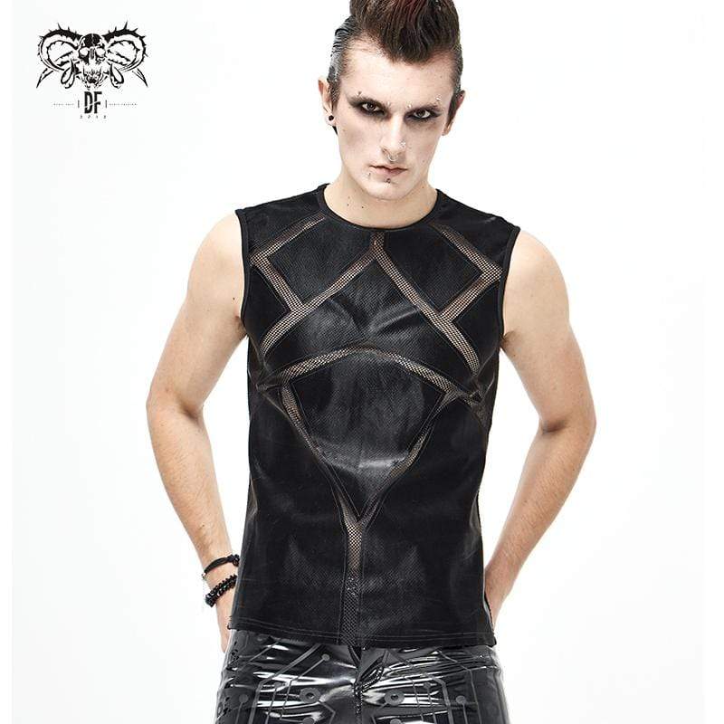 Men's Gothic Punk Mesh Faux Leather Tank Tops Black