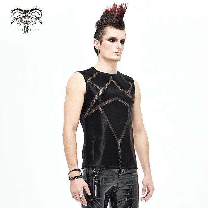 Men's Gothic Punk Mesh Faux Leather Tank Tops Black