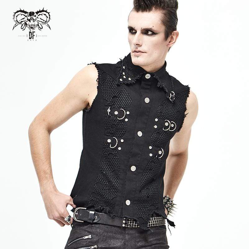 Men's Gothic Punk Ripped Turndown Collar Black Shirt with Irregular Hem