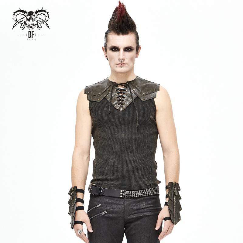 Men's Gothic Punk Slim Fitted Lace-Up Tank Tops Brown