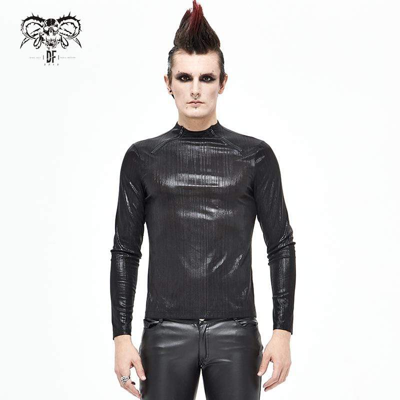 Men's Gothic Punk Zipper Neckline Glossy Shirt Black