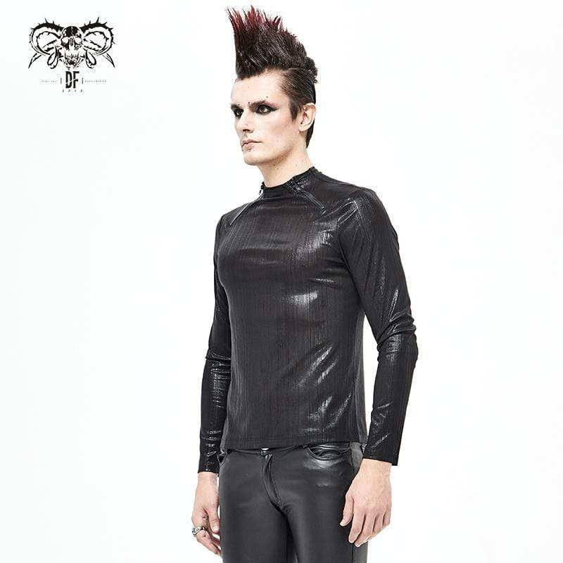 Men's Gothic Punk Zipper Neckline Glossy Shirt Black
