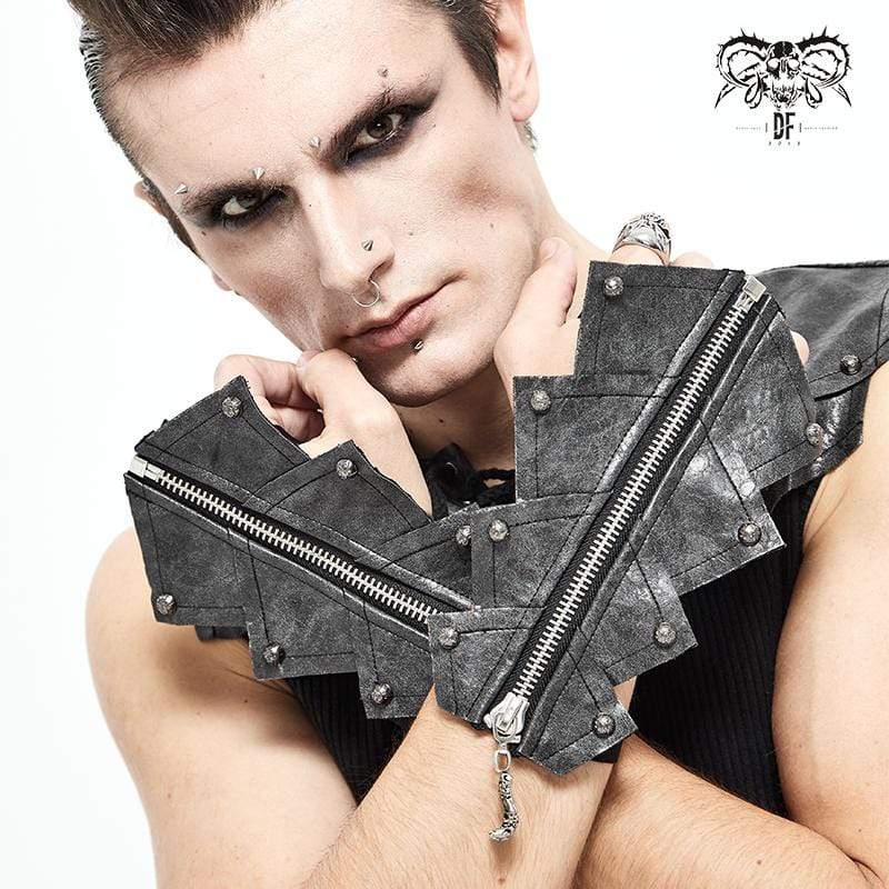 Men's Gothic Rivets Elastic Bandage Black Gloves with Skull Zipper