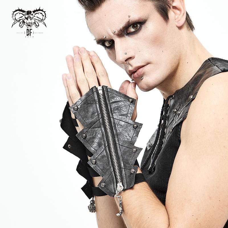 Men's Gothic Rivets Elastic Bandage Black Gloves with Skull Zipper