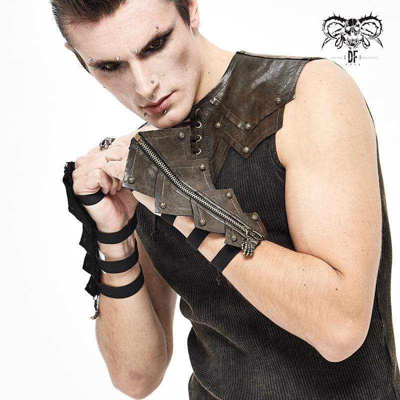 Men's Gothic Rivets Elastic Bandage Brown Gloves with Skull Zipper