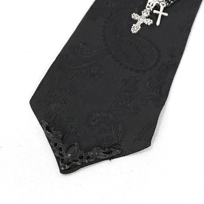 DEVIL FASHION Men's Gothic Rose Feather Necktie with Cross Chain