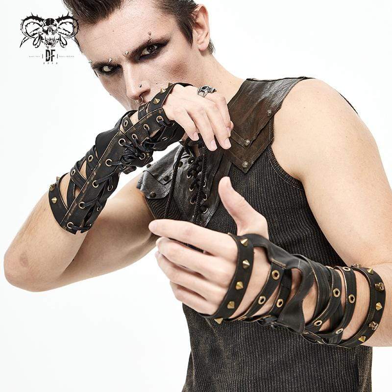Men's Gothic Skull Lace-Up Rivets Faux Leather Long Gloves