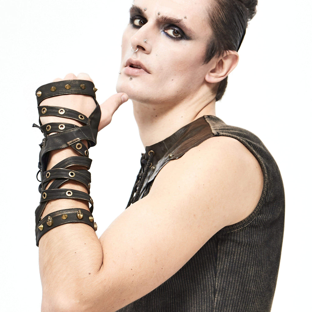 Men's Gothic Skull Lace-Up Rivets Faux Leather Long Gloves