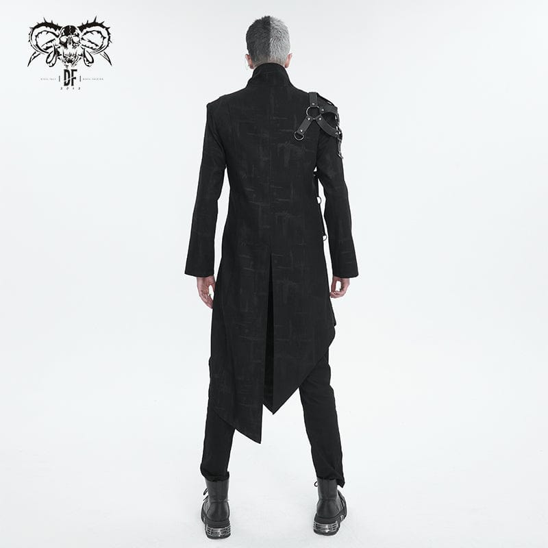 DEVIL FASHION Men's Gothic Stand Collar Asymmetric Coat with Harness