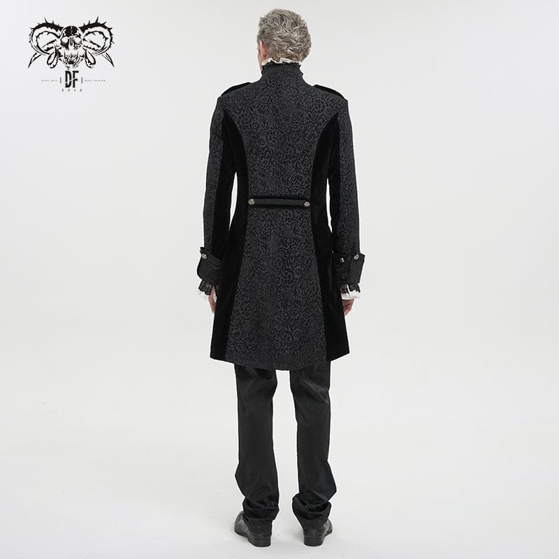 DEVIL FASHION Men's Gothic Stand Collar Embossed Swallow-tailed Coat Black