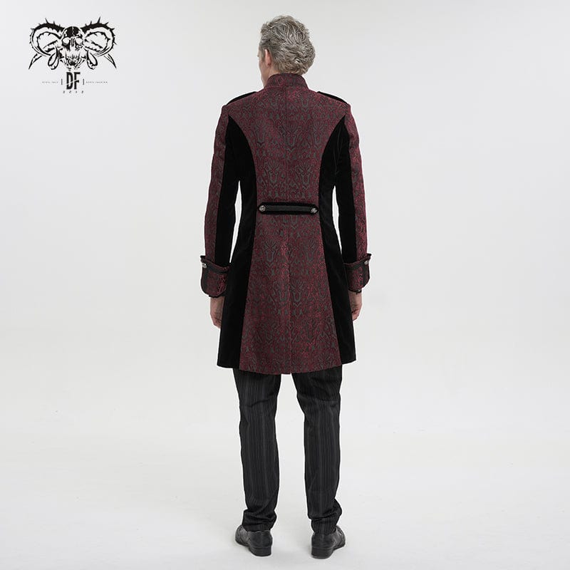 DEVIL FASHION Men's Gothic Stand Collar Embossed Swallow-tailed Coat Red