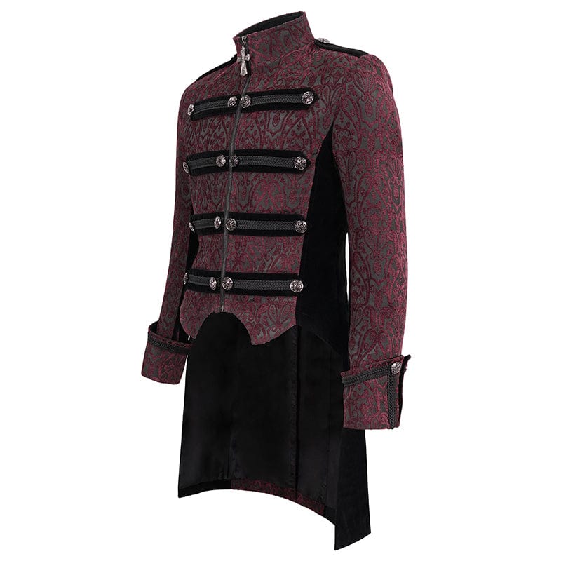 DEVIL FASHION Men's Gothic Stand Collar Embossed Swallow-tailed Coat Red