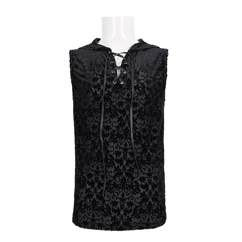 DEVIL FASHION Men's Gothic Strappy Floral Printed Tank Top with Hood