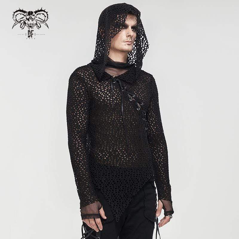 DEVIL FASHION Men's Gothic Strappy Irregular Mesh Shirt with Hood