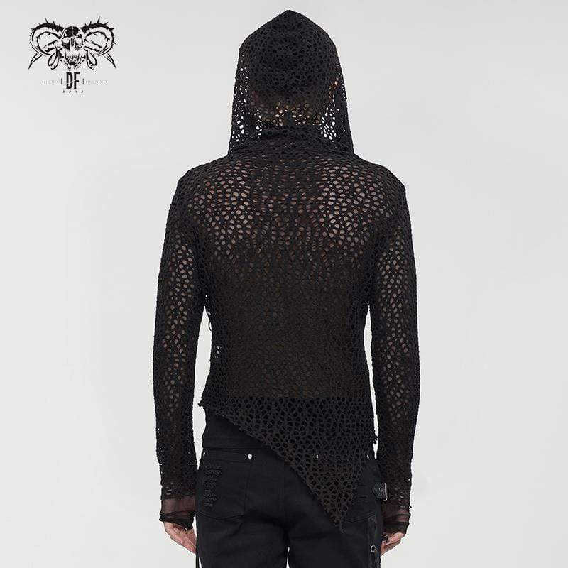DEVIL FASHION Men's Gothic Strappy Irregular Mesh Shirt with Hood