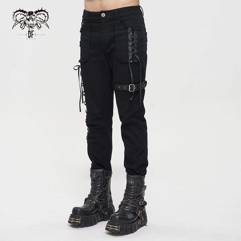 DEVIL FASHION Men's Gothic Strappy Splice Buckle Unedged Pants