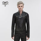 DEVIL FASHION Men's Gothic Strappy Stand Collar Faux Leather Splice Shirt