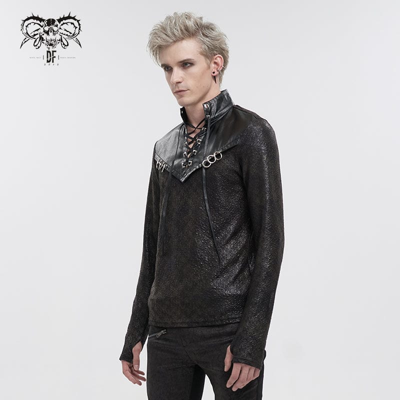 DEVIL FASHION Men's Gothic Strappy Stand Collar Faux Leather Splice Shirt