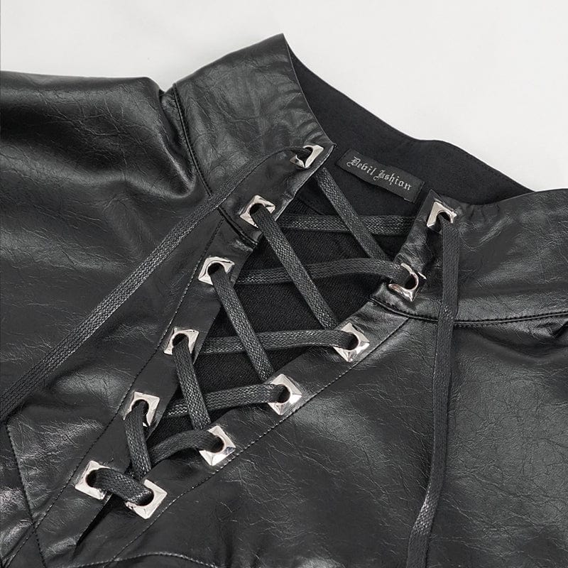 DEVIL FASHION Men's Gothic Strappy Stand Collar Faux Leather Splice Shirt