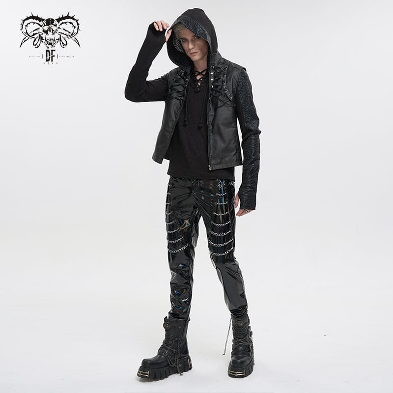DEVIL FASHION Men's Gothic Strappy Stand Collar Faux Leather Waistcoat
