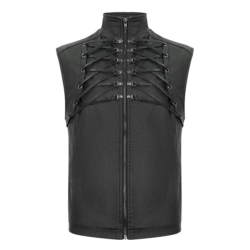 DEVIL FASHION Men's Gothic Strappy Stand Collar Faux Leather Waistcoat