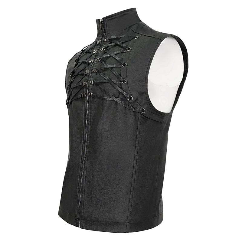 DEVIL FASHION Men's Gothic Strappy Stand Collar Faux Leather Waistcoat