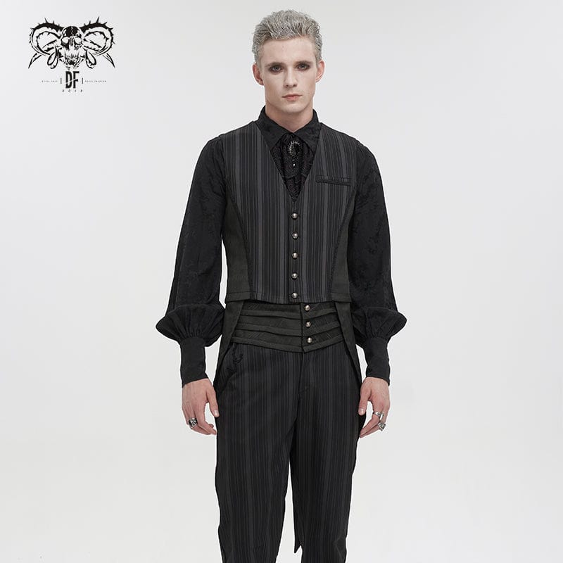 DEVIL FASHION Men's Gothic Stripes Waistcoat Black with Detachable Swallow Tail