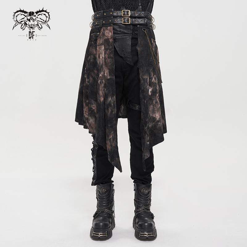 DEVIL FASHION Men's Gothic Tie-dyed Faux Leather Splice Kilt with Belts