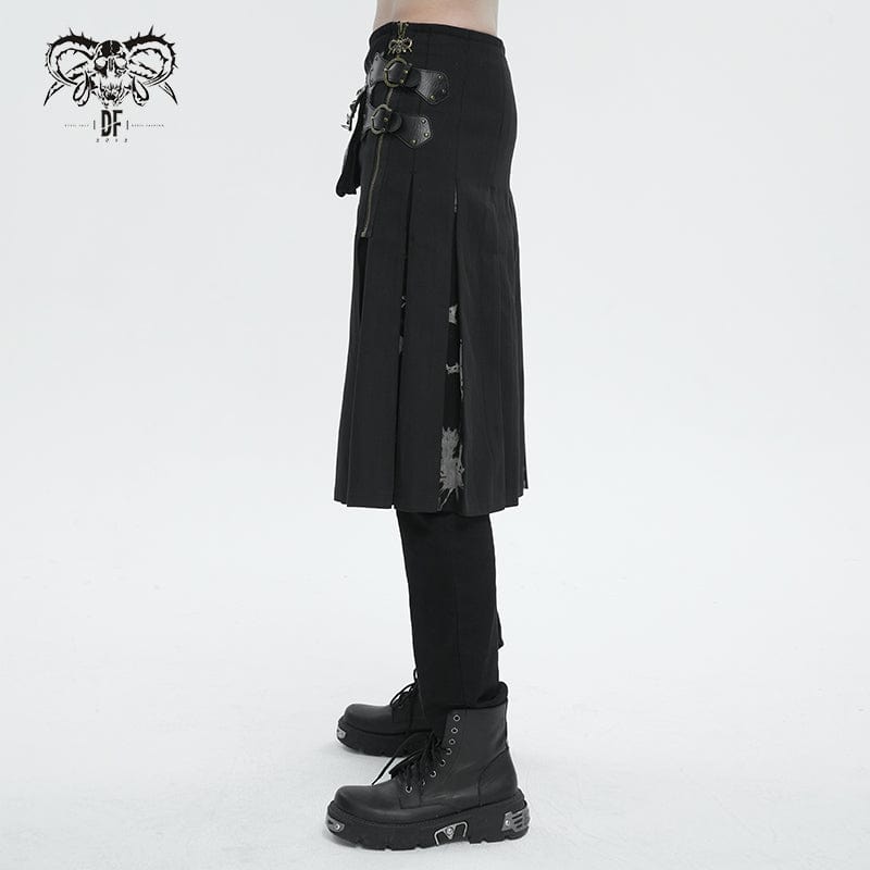 DEVIL FASHION Men's Gothic Tie-dyed Splice Kilt with Waistbag