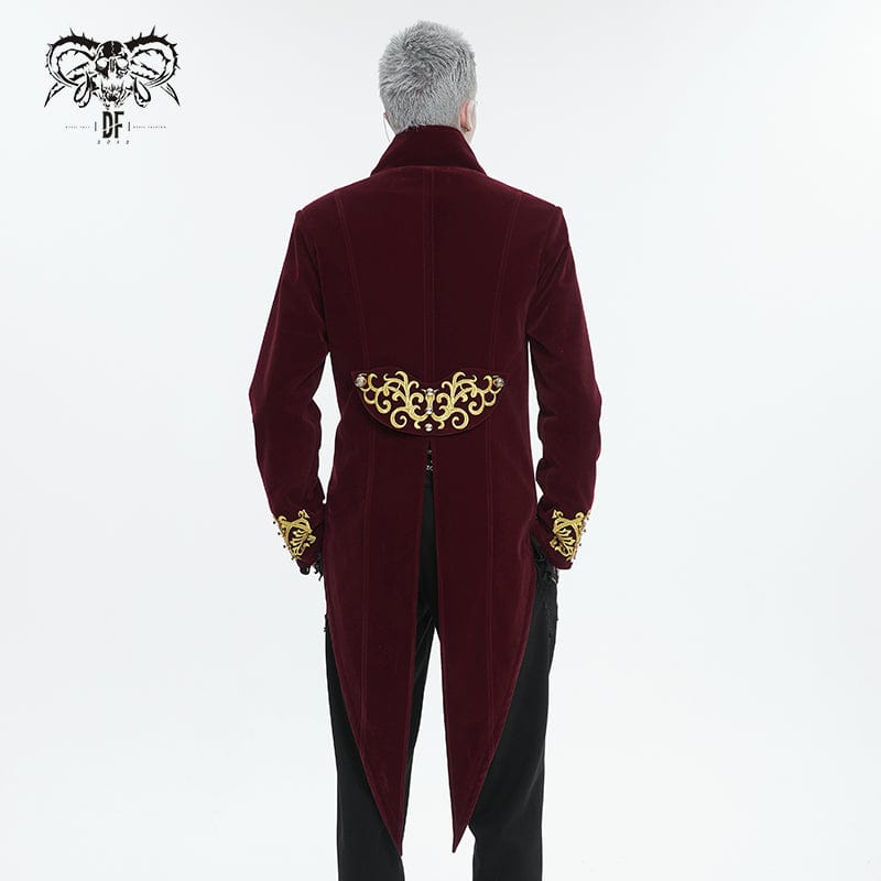DEVIL FASHION Men's Gothic Totem Embroidered Swallow-tailed Coat Red