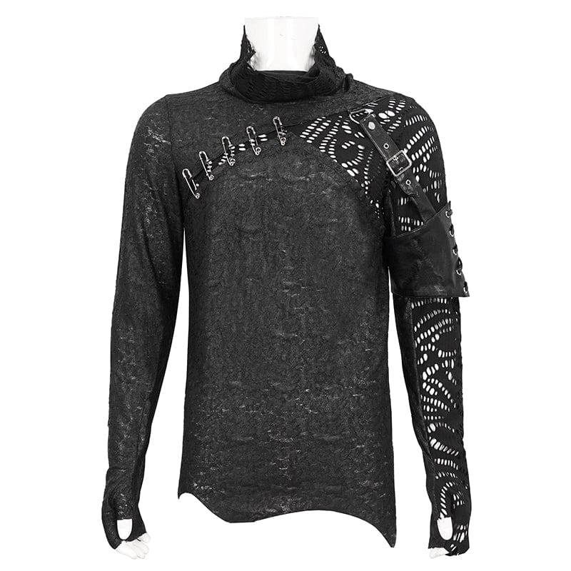 DEVIL FASHION Herren Gothic Rollkragen Mesh Splice Unregelmäßiges Hemd