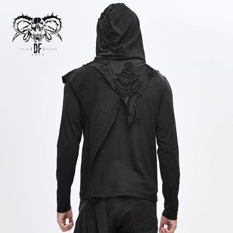 DEVIL FASHION Men's Grunge Punk Long Sleeved Cutout Tassel Hoodies