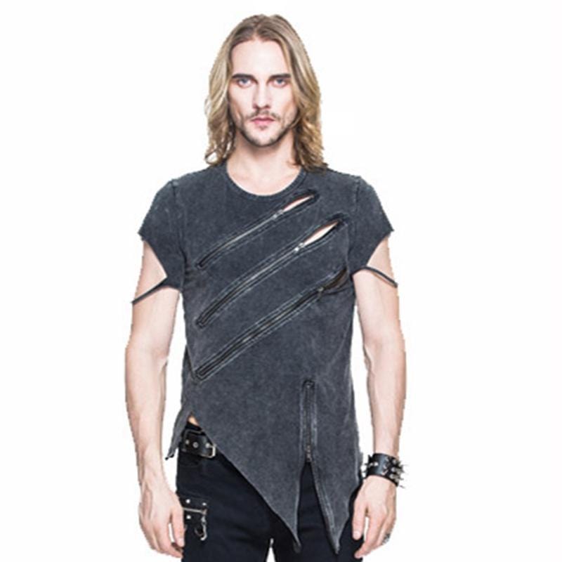 DEVIL FASHION Men's Punk Asymmetric T-shirt With Zip Detailing