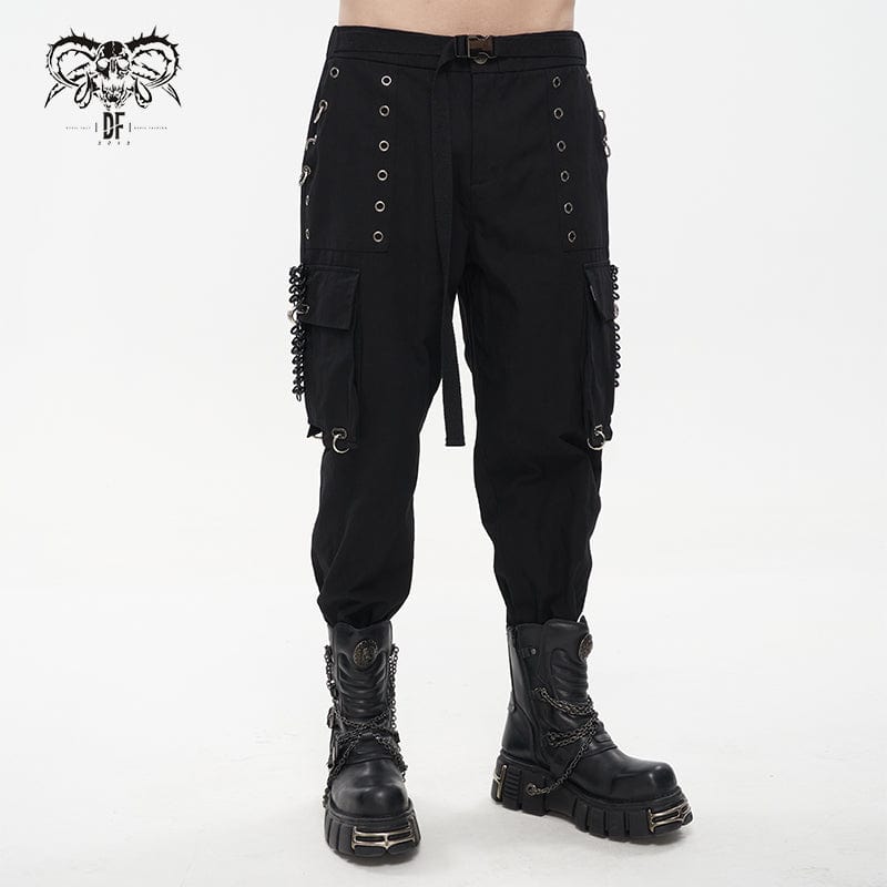 DEVIL FASHION Men's Punk Big-pocket Eyelets Jogger Pants with Strap Belt