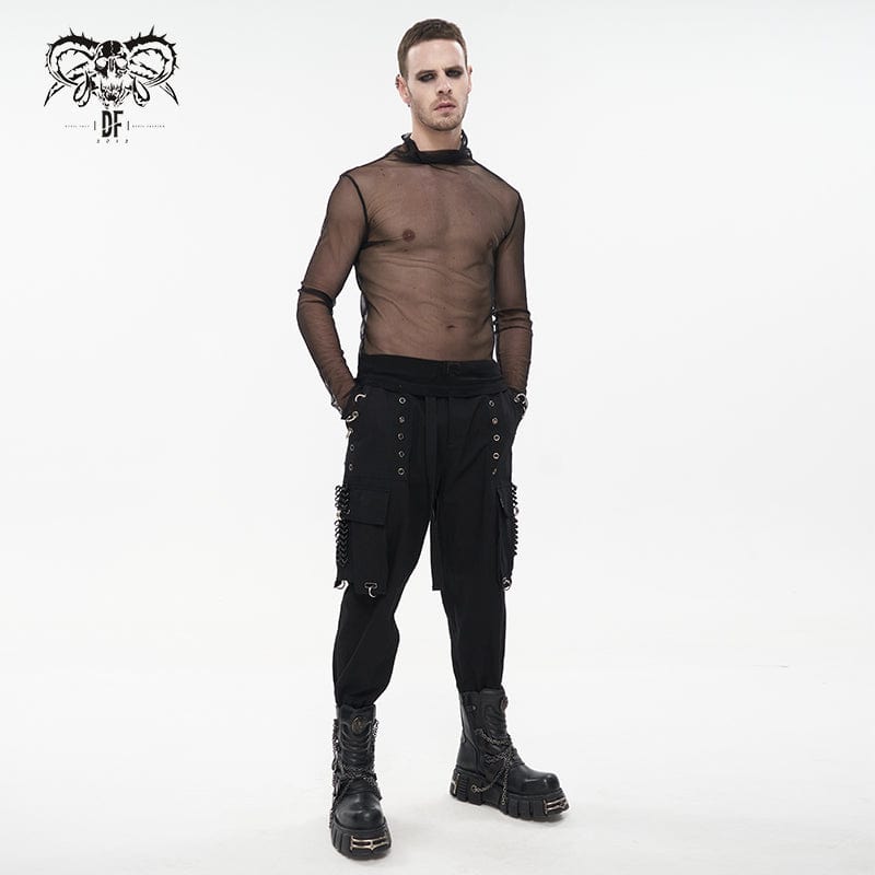 DEVIL FASHION Men's Punk Big-pocket Eyelets Jogger Pants with Strap Belt