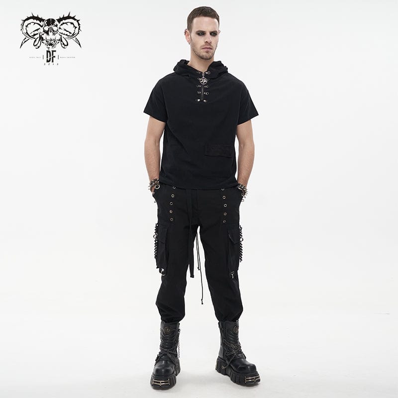 DEVIL FASHION Men's Punk Big-pocket Rivets Faux Leather Pants