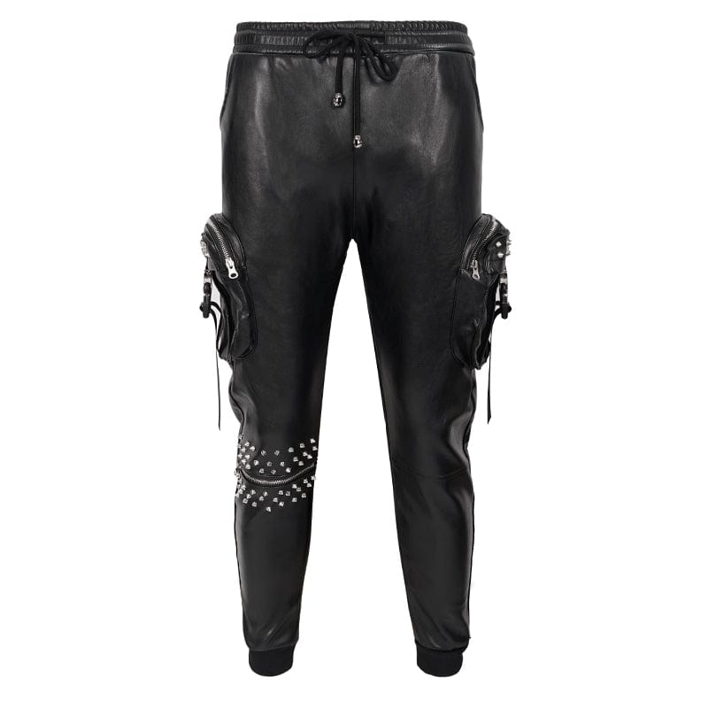 DEVIL FASHION Men's Punk Big-pocket Rivets Faux Leather Pants