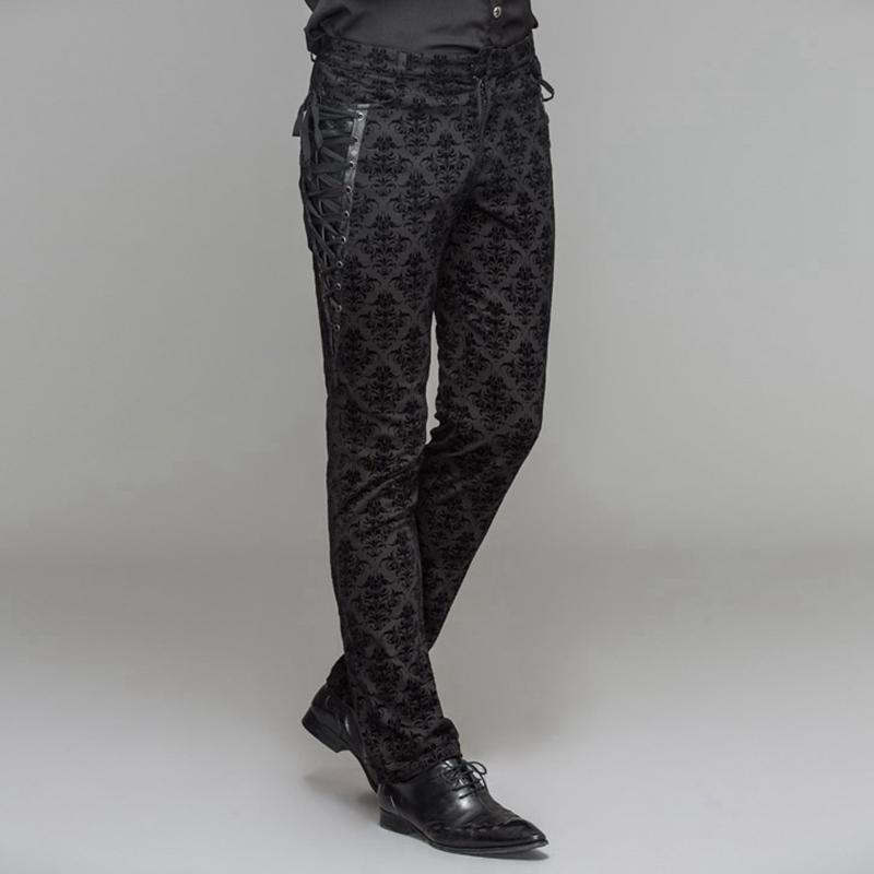 DEVIL FASHION Men's Punk Brocade Trousers With Criss Cross Lacing
