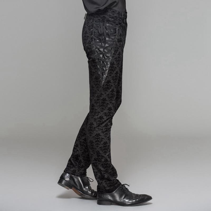 DEVIL FASHION Men's Punk Brocade Trousers With Criss Cross Lacing